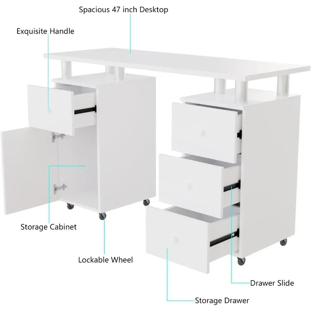 Nail Desk for Nail Tech 47 inch Manicure Table with Drawers/Wrist Pad/Lockable Wheels Acetone ResistantNailArt Station for Salon