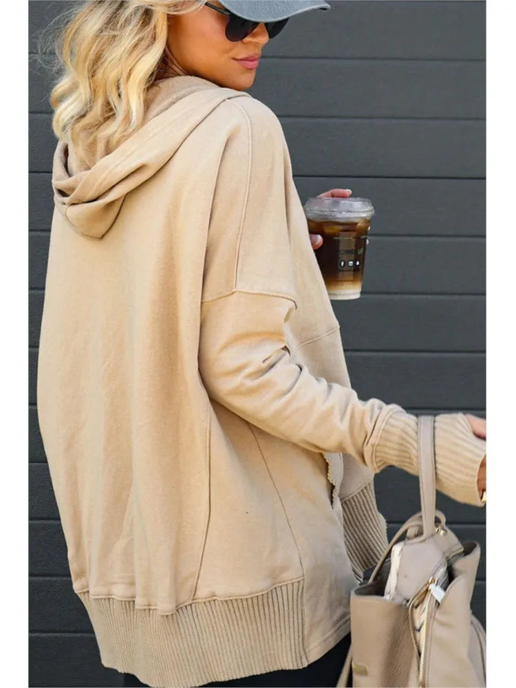 Casual Loose White Women Sweatshirt Autumn Winter V-neck Hooded Batwing Sleeve Hoodie Threaded Splicing Top For Women Pullovers