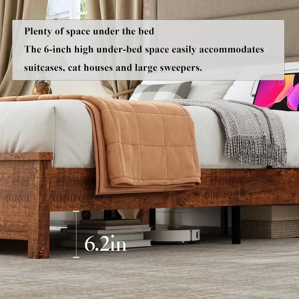 Bed Frame with Tall Headboard & LED Light, Wooden Support Platform Bed Frame Linen Upholstered Headboard with Charging Station