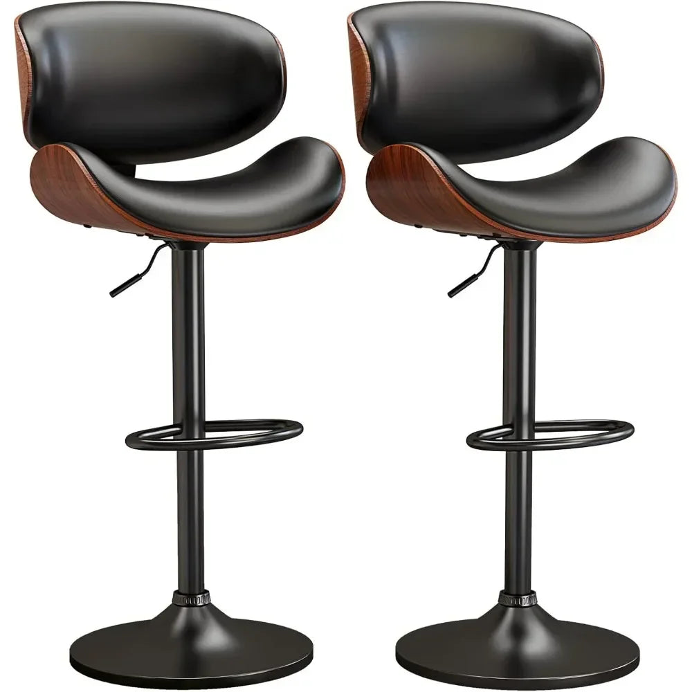 Swivel Bar Stools Set of 2, Adjustable Bentwood Barstools, Modern PU Leather Upholstered Bar Chair with Back and Footrest