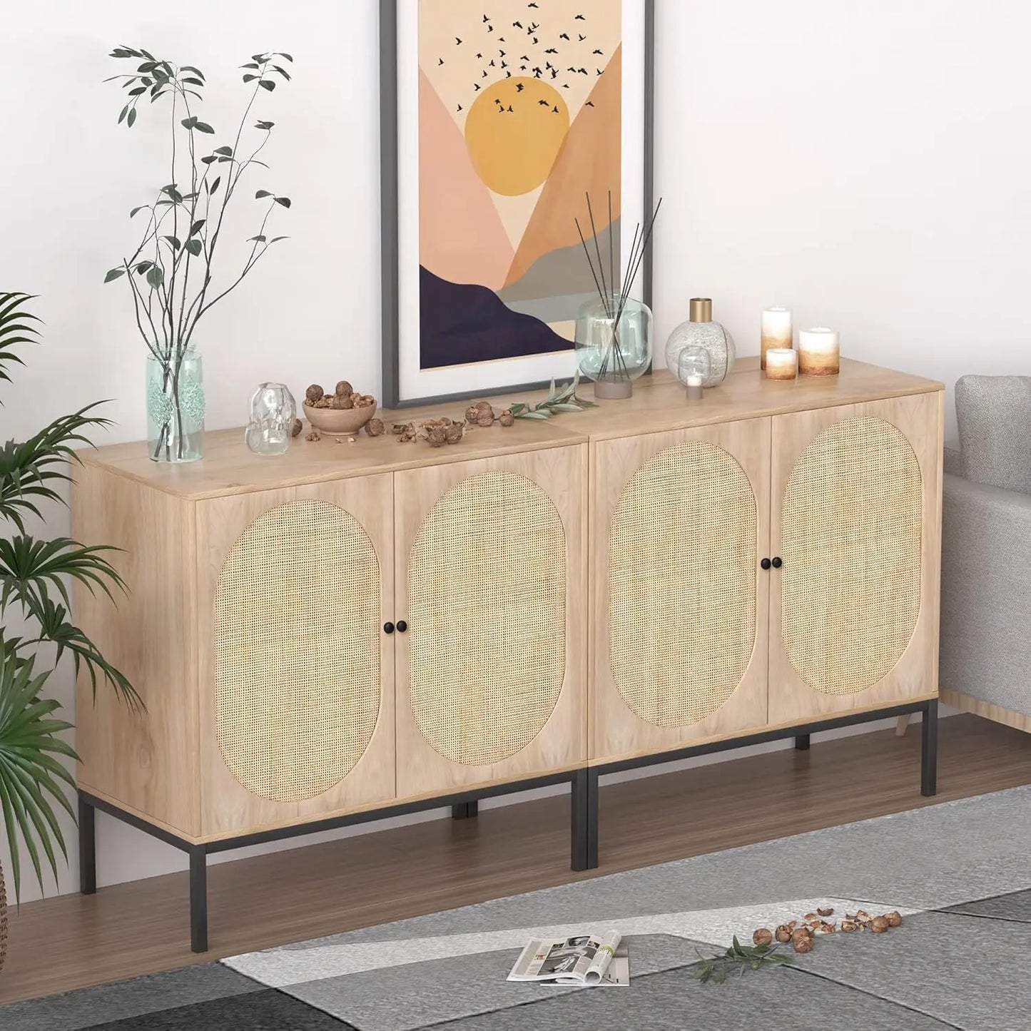 Set of 2 Buffet Sideboard with Handmade Natural Rattan Doors, Rattan Cabinet Storage Cabinet Console Table Accent Cabinet