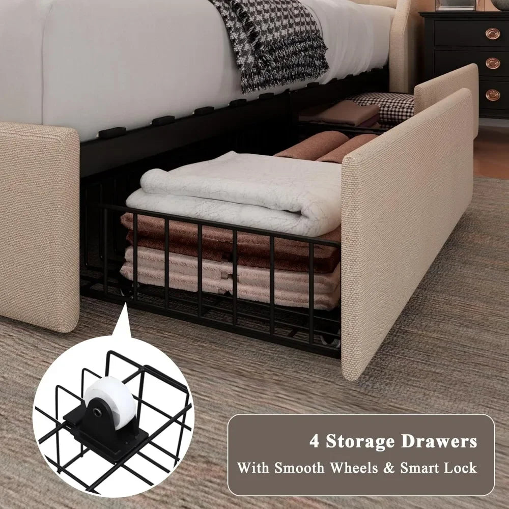 Upholstered Queen Bed Frame with 4 Storage Drawers, Charging Station and Tufted Wingback Storage Headboard,No Box Spring