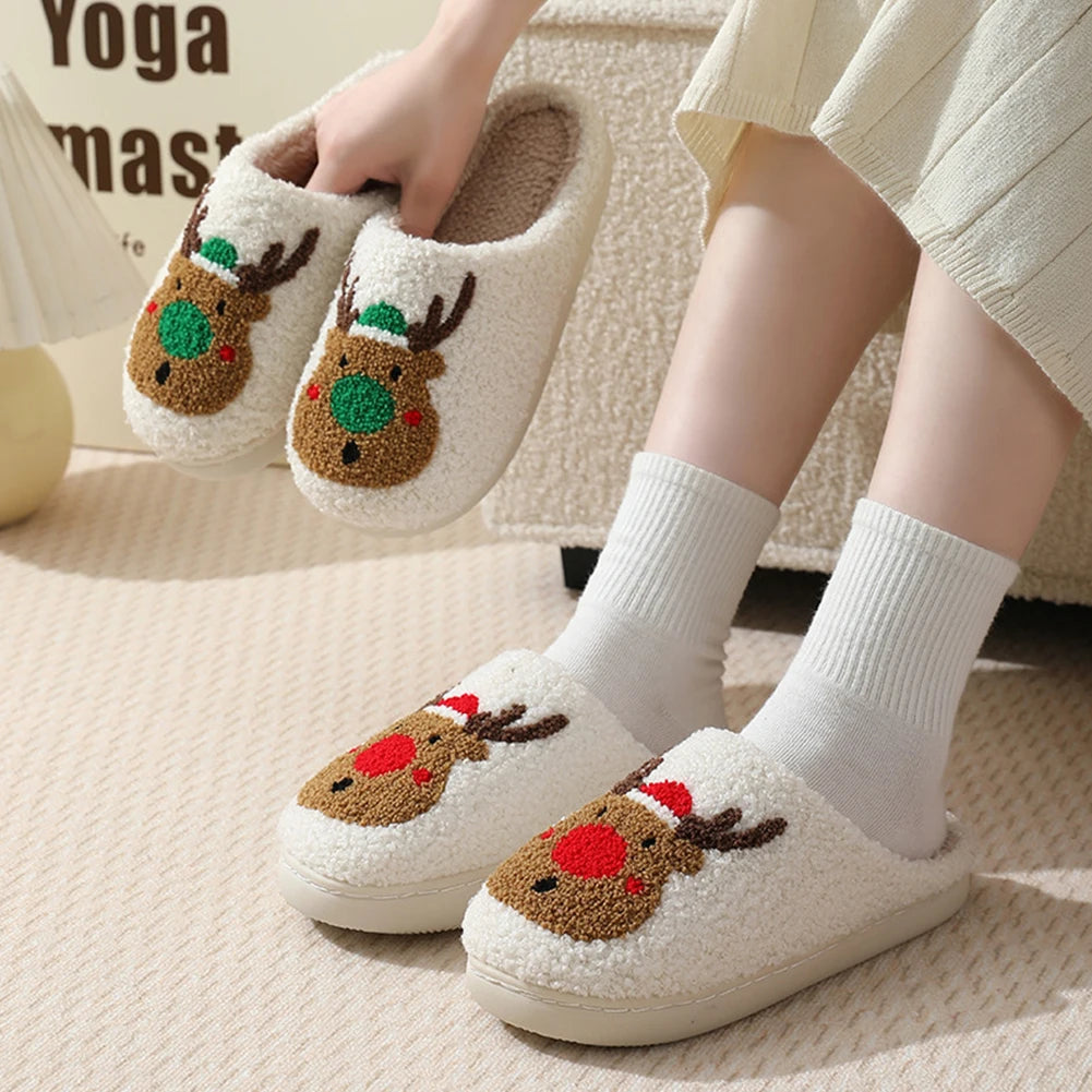 Christmas Deer Slippers Slip-On Comfy House Slippers Women Men Bedroom Slipper Women Fuzzy Fluffy Slippers for Christmas Gift