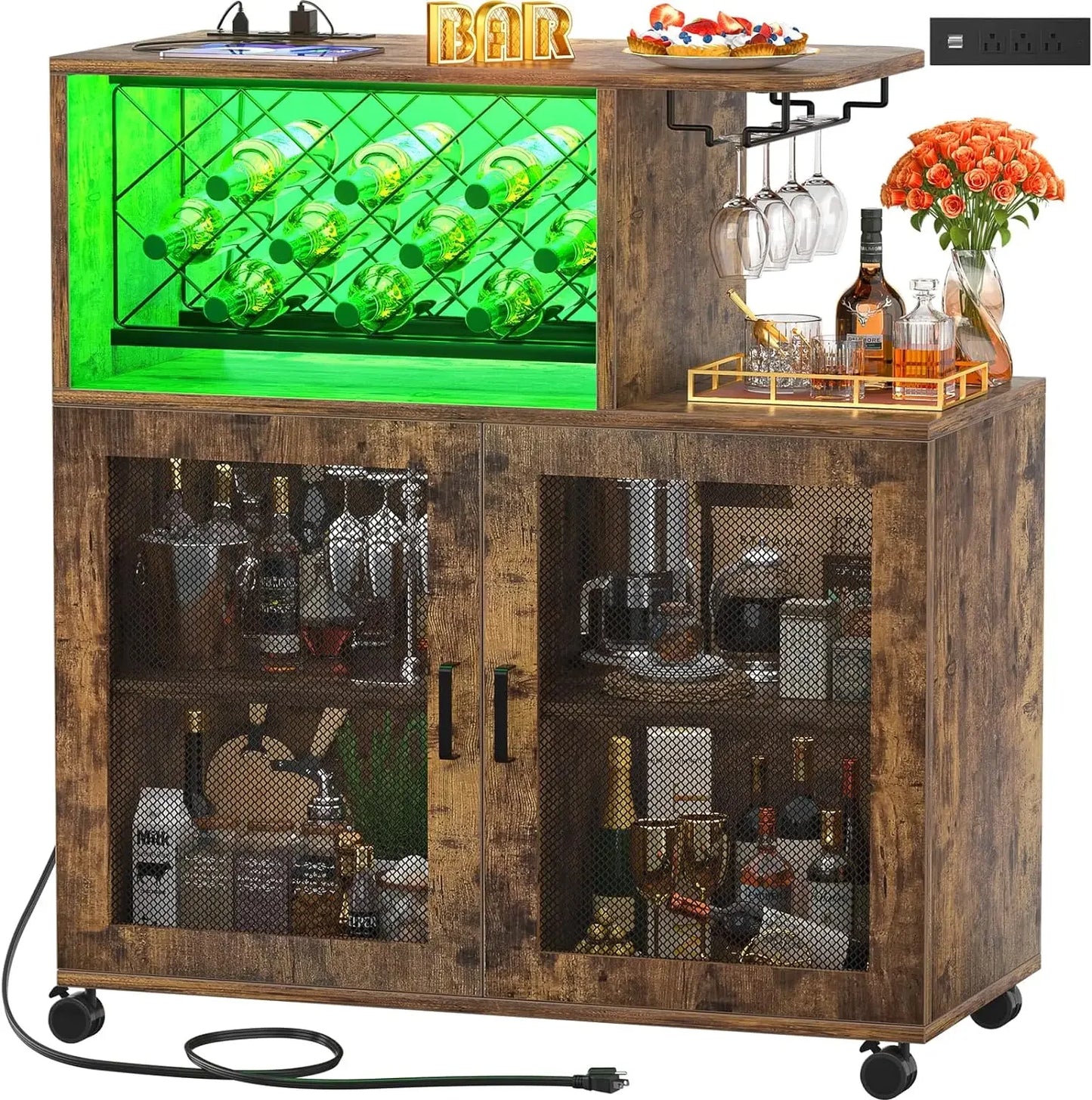 Wine Bar Cabinet with Wheels, Small Liquor Cabinet with LED Light, Home Bar Cart with Power Outlets, Coffee Bar with Wine Rack