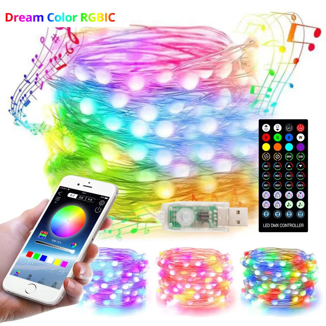 USB LED String 2023 Christmas Tree Lights Decoration with Smart Bluetooth App Remote Control Home Decor Fairy Light Garland Gift