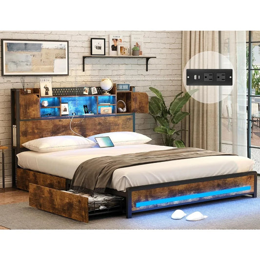 Queen Bed Frame with Storage Drawers and Bookcase Headboard, LED Bed Frame Queen Size with Type-C & USB Ports