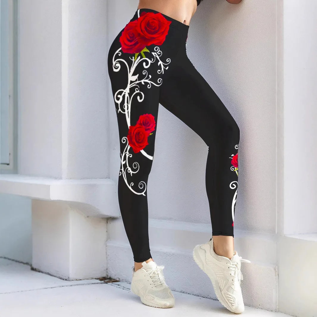 Bodycon Y2K Pants Women Gym Sexy Valentine Pencil Leggings Fashion Streetwear High Waist Shiny Rose Flower Leggings