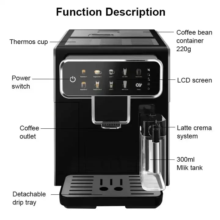 Smart Electric Automatic Coffee Maker Full Multifunctional Espresso Cappuccino Latte with Milk Tank for RV Use