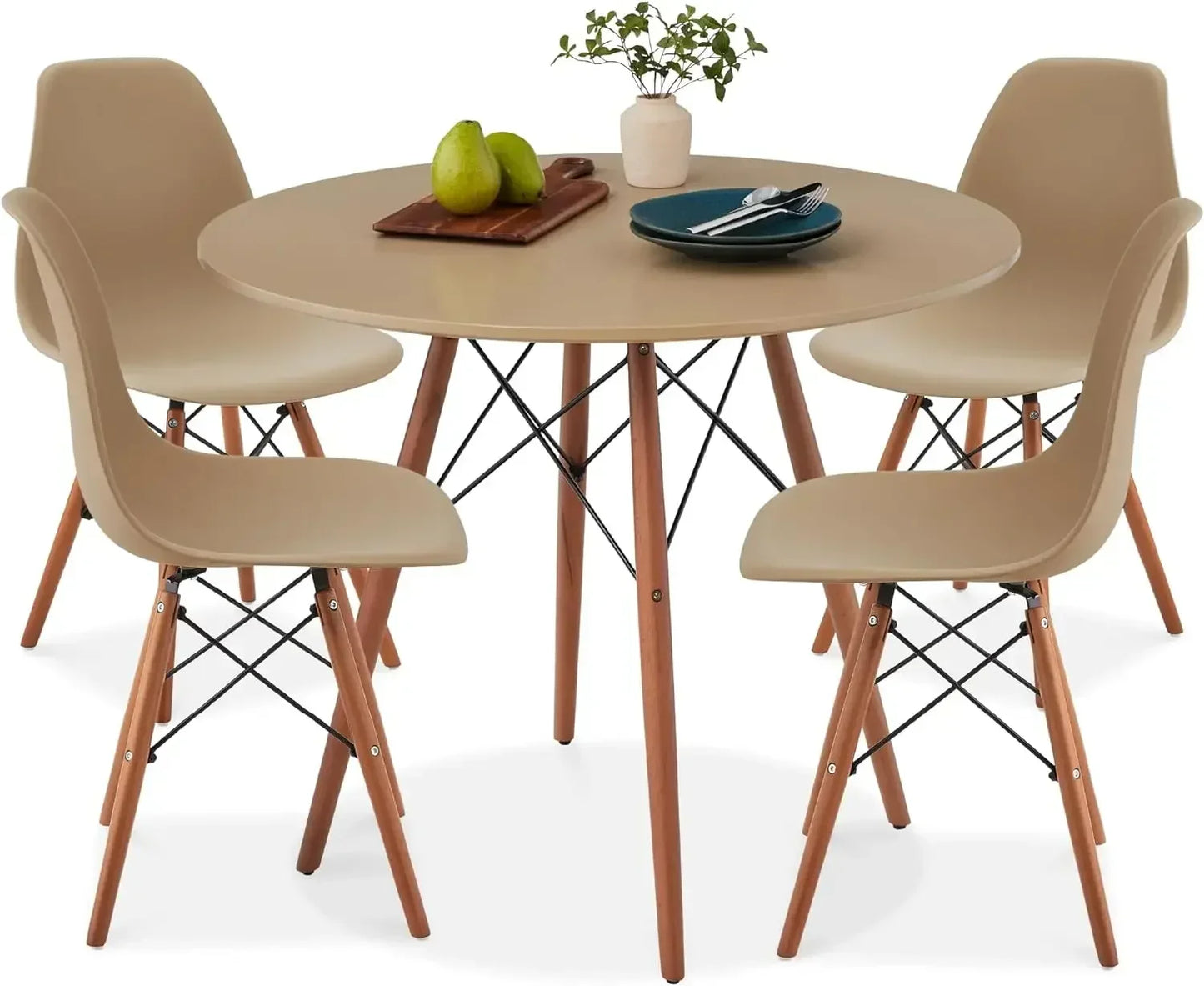 5-Piece Dining Set, Compact Mid-Century Modern Table & Chair Set for Home, Apartment w/ 4 Chairs, Plastic Seats, Wooden Legs