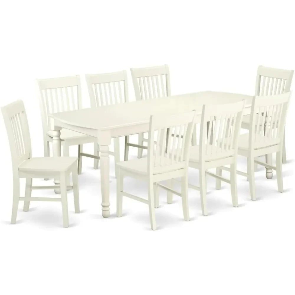 a Rectangle Dinner Table with Butterfly Leaf and 8 Dining Room Chairs, 42x78 Inch, Linen White