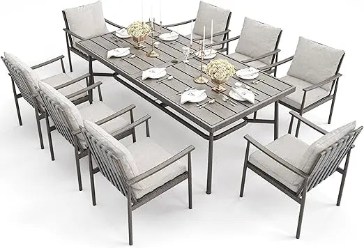 9-Piece Patio Table and Chairs Set,8 Dining Chairs, 1 Large Rectangular Table with Umbrella Hole, Aluminum Outdoor Dining Set