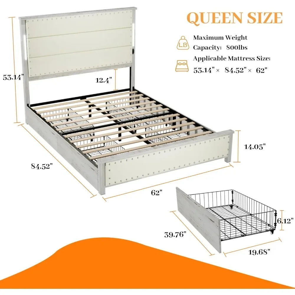 Wooden Bed Frame with Tall Headboard & 4 Storage Drawer, Bedframe with Led Lights and Charging Station, Free shipping