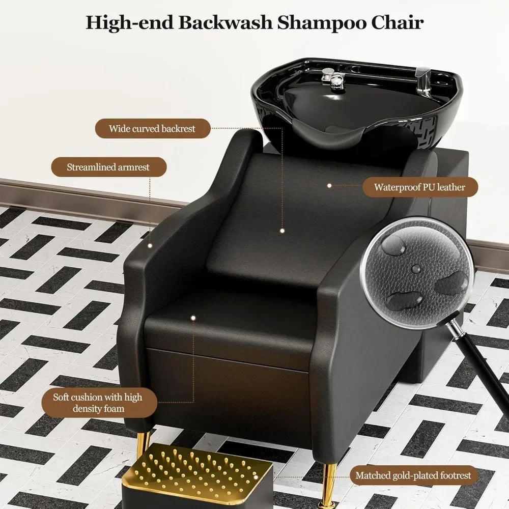 Shampoo Chair and Bowl for Salon, Backwash Shampoo Station Sink with Ceramic Bowl and Footrest, Shampoo Chairs