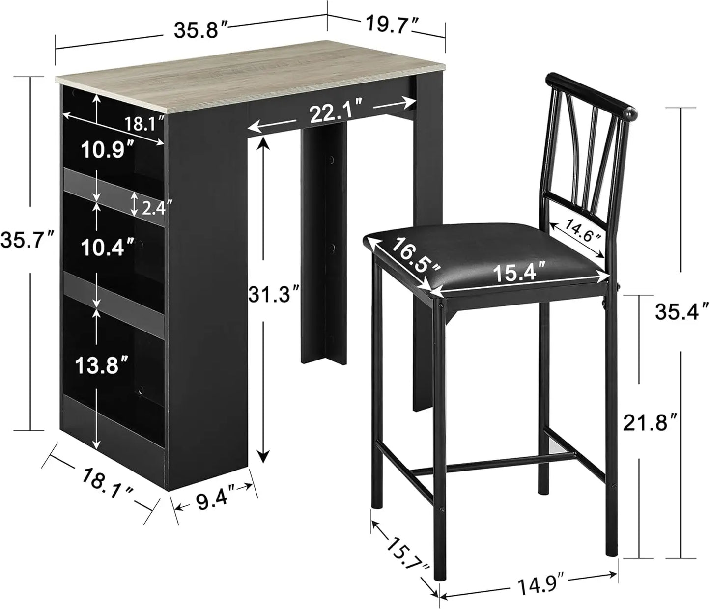 Table and Chairs Tall Kitchen Breakfast Nook with Stools/Dining Set for 2, Storage Shelves, Space-Saving, Gray