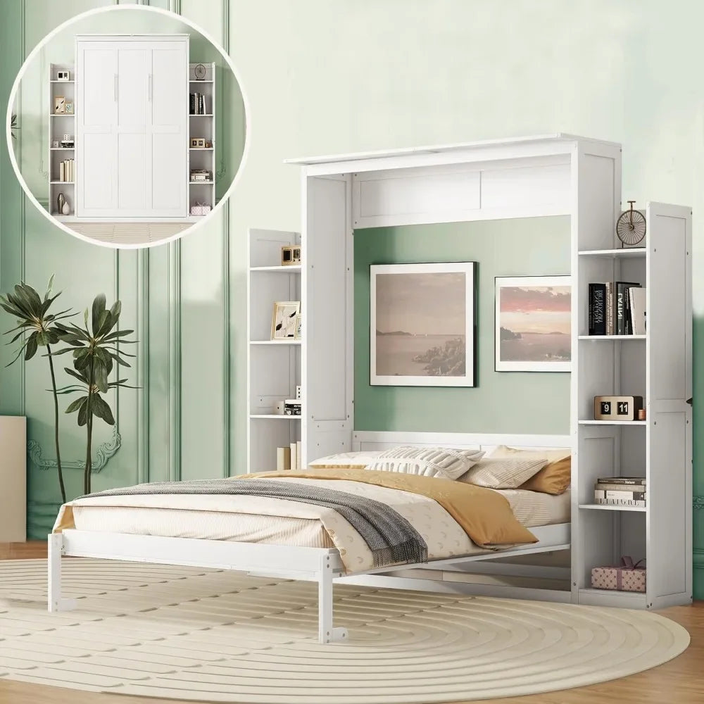 Queen Size Bed, Wooden Wall Bed with Shelves,bed, which easily folds into a cabinet,Gray  bed frame queen   cama