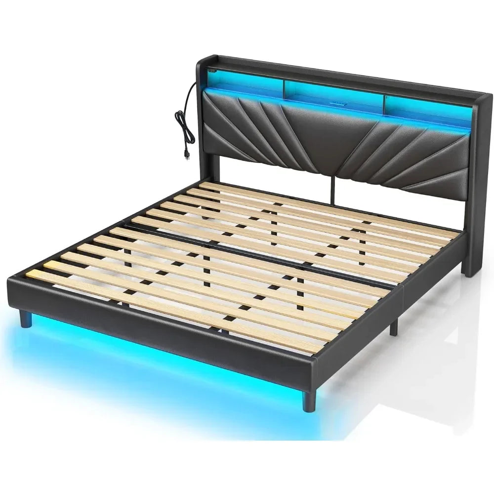 King Size Bed Frame, Storage Headboard with Charging Station and LED Lights, Upholstered Bed with Heavy Duty Wood Slats