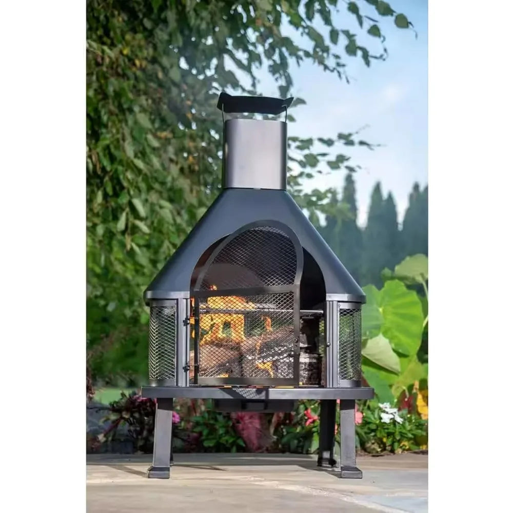 Wood Burning Fireplace Outdoor Steel Chimney Rectangular Fire Bowl for Backyard Patio or Deck Bonfire Heating, Black