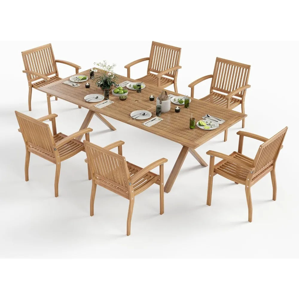 Acacia Wood Outdoor Dining Set, Expandable Dining Table(1.97" Umbrella Hole) and 6 Wooden Chairs, 7Pieces Patio Dining Table Set