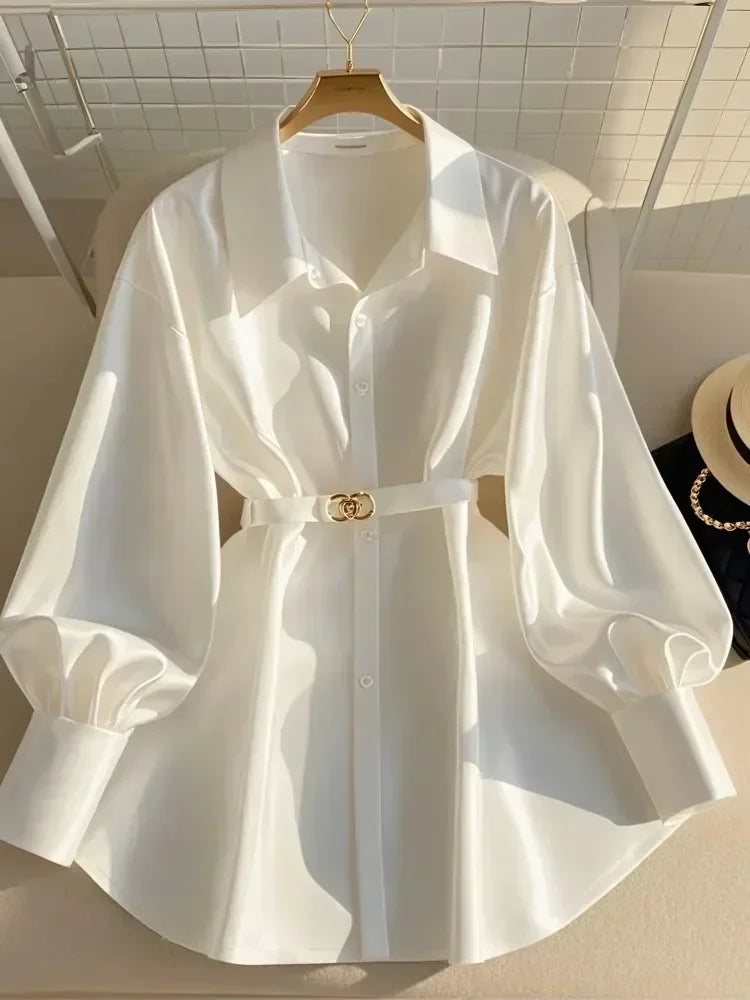 Autumn New Fashion Blouses Women Clothing French Luxury Mature Style Shirt Long Sleeve Waist Slim Belt White Shirt Women Tops