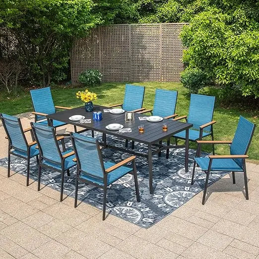 9 PCS Outdoor Table and Chairs Set, Stackable Aluminum Dining Chairs and Elongated Metal Table, Patio Dining Set for Garden