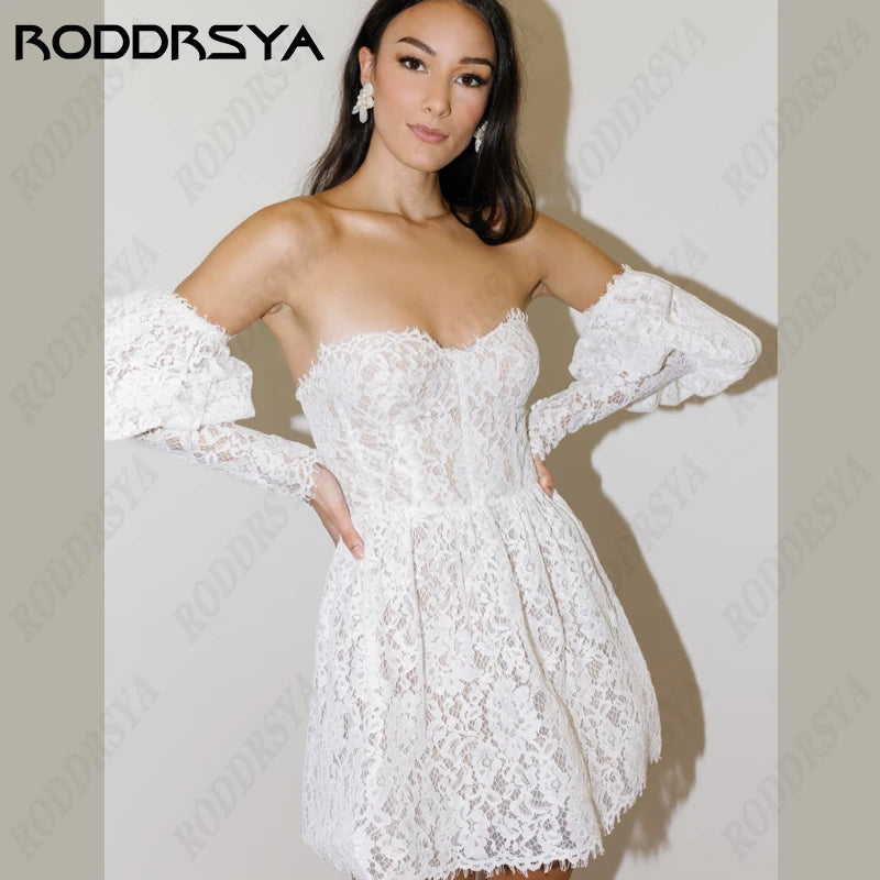 RODDRSYA Strapless Lantern Sleeves Wedding Dresses For Women A-Line Tulle Short Bride Party Zipper Backless Vestido De Novia