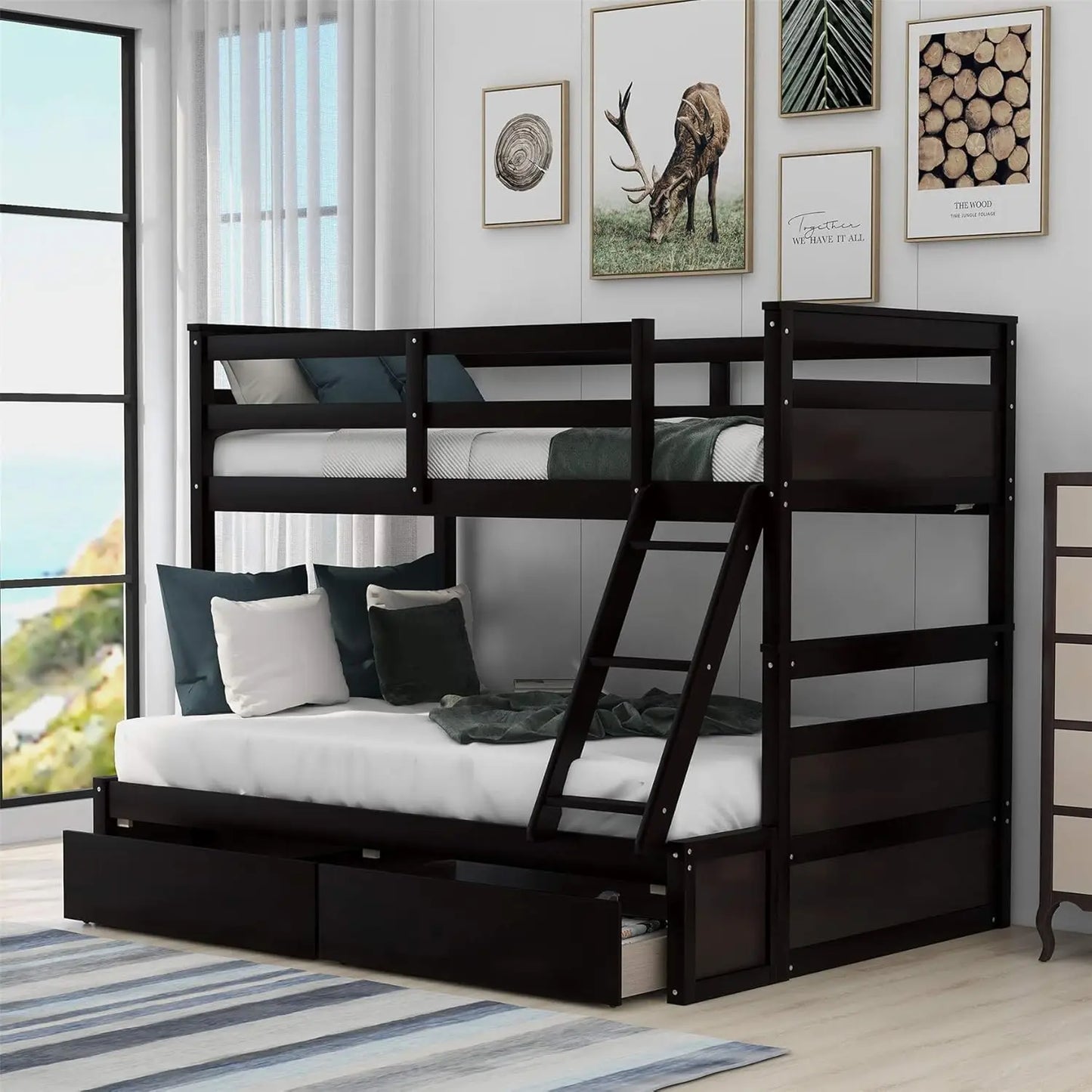 Twin Over Full Bunk Beds with Stairway and 3 Storage Drawers,Solid Wooden with Storage Stairway and Guard Rail for Bedroom, Dorm