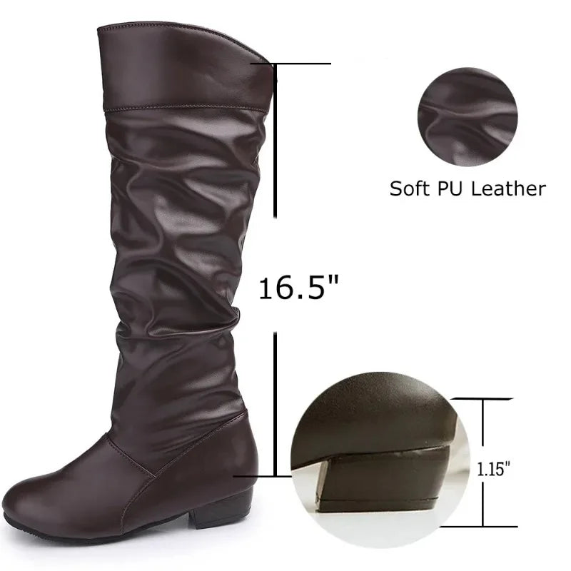 Women's leather PU Knee High Boots Fashion Folding Slip on Winter High Boots Casual Low Heels White Black Long Slim Boots Ladies