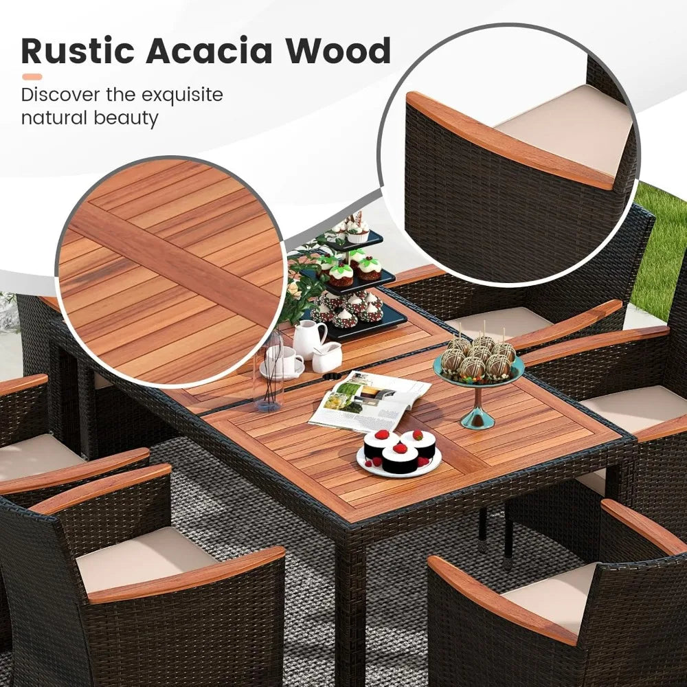 7 Pieces Outdoor Wicker Dining Set, Patio Dining Set with Acacia Wood Table and 6 Stackable Chairs, Outdoor Table and Chairs Set