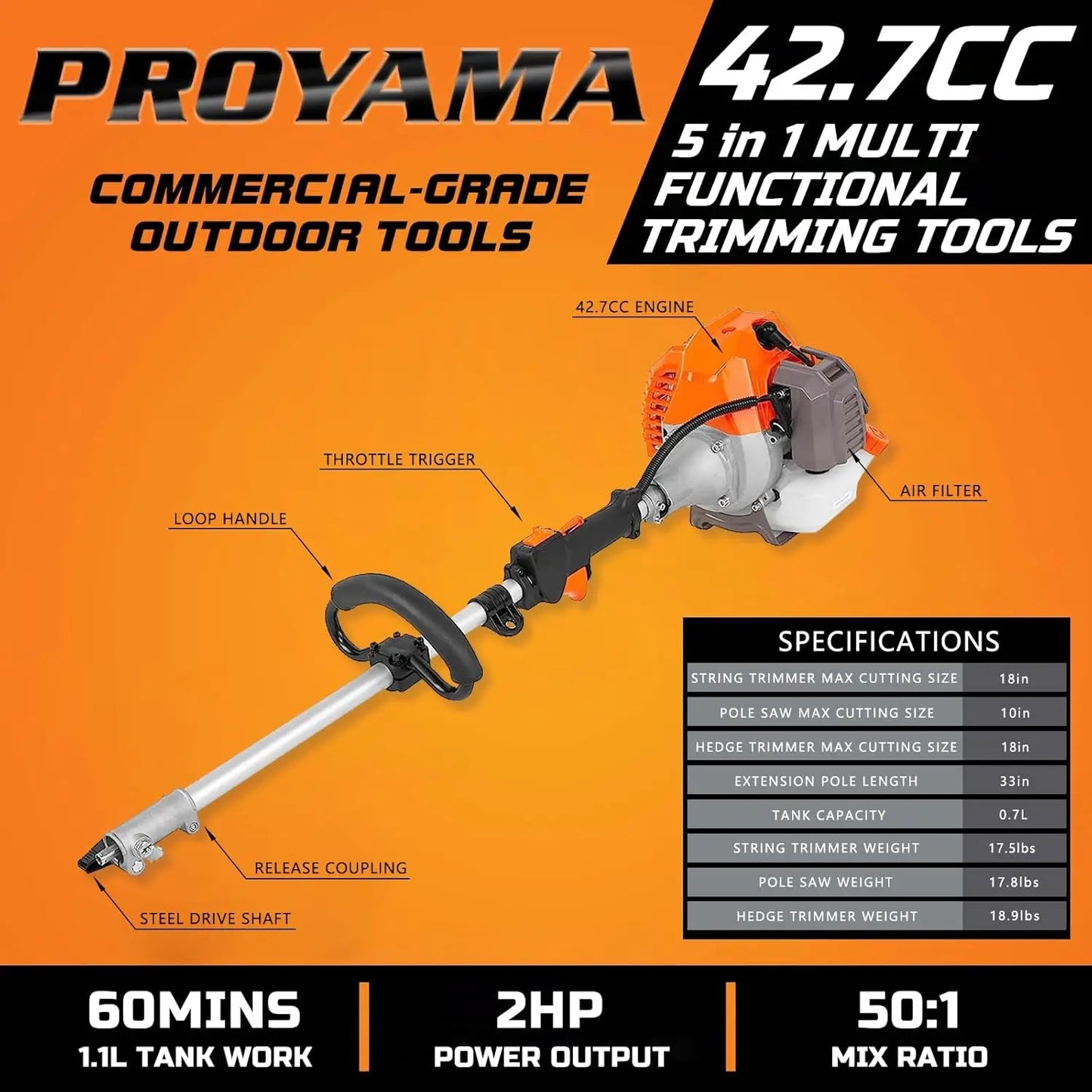 Powerful 42.7cc 5 in 1 Multi Functional Trimming ,Gas Hedge ,Weed ,String Trimmer, Brush ,Pole Saw with Extension Pole