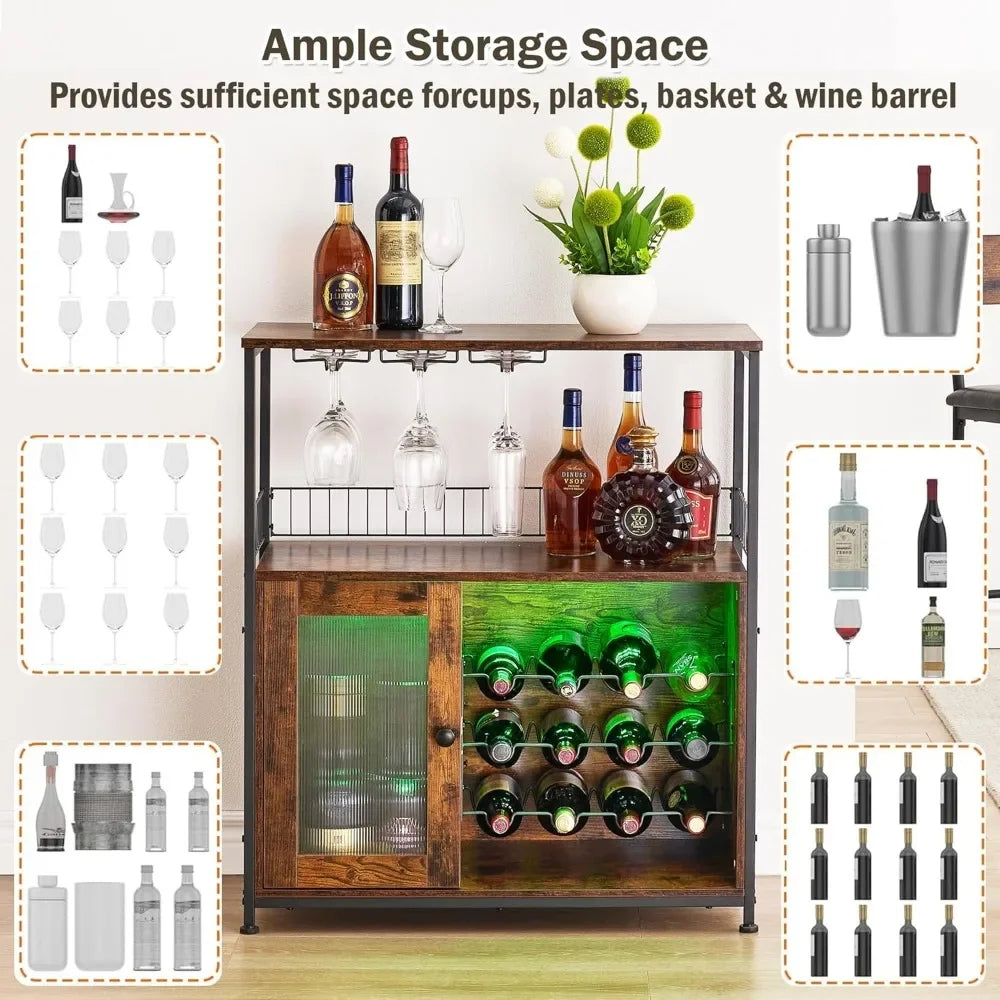 Wine Bar Cabinet with Led Lights & Removable Wine Racks with 3 Rows Glass Holder and Acrylic Door, Multifunctional Bar Cabinet