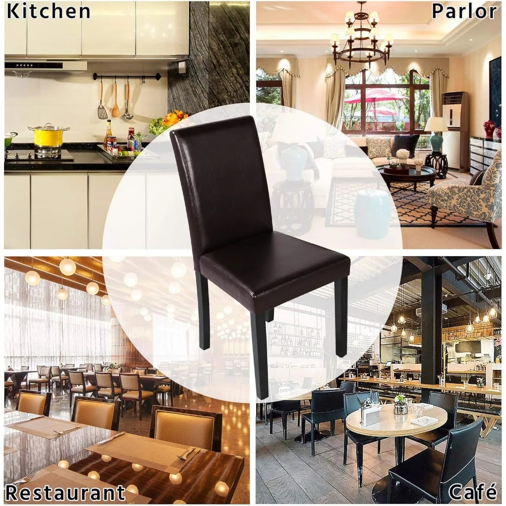 Dining Chairs Set of 4 PU Leather Dining Room Chairs with Waterproof Surface and Wood Legs for Kitchen Restaurant , Dark Brown