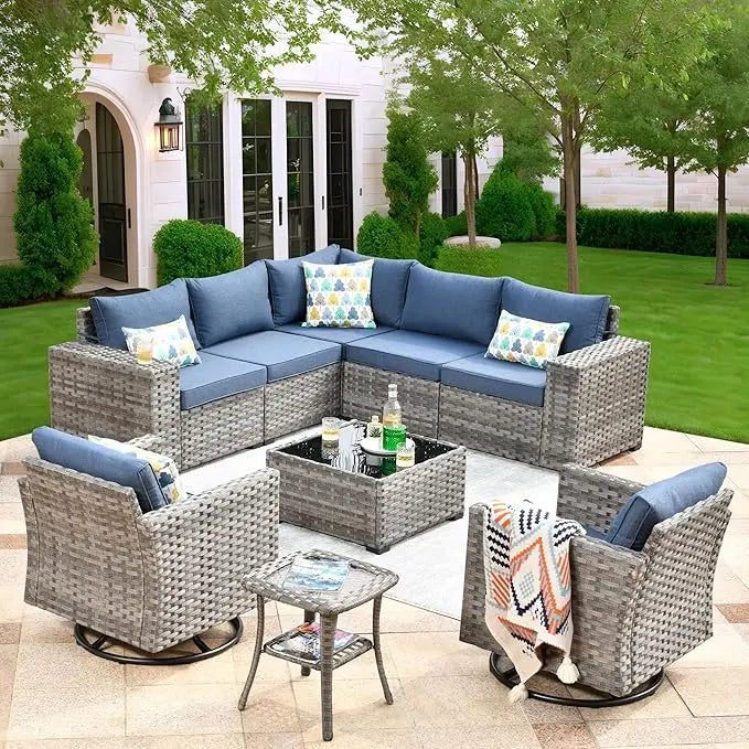 9 Pieces Patio Furniture Set, Outdoor Sectional Sofa with Swivel Rocking Chairs, Wide Arms and Deep Seat, Wicker Rattan Set