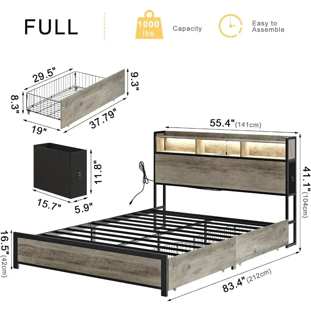 Full Bed Frame with Bookcase Headboard and 2 Drawers LED Lights Metal Platform Non-Slip Without Noise Strong Metal Slats Support