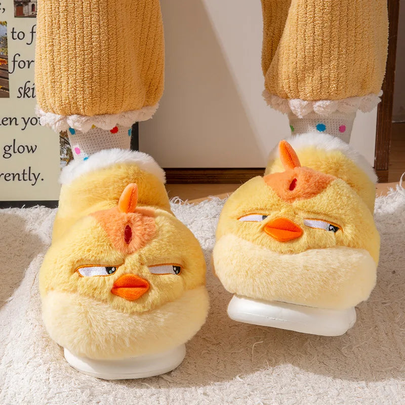 New Cute Cartoon Indoor Slippers For Women Men Funny Yellow Chicken Winter Warm Fluffy Shoes Couples Home Floor Snoot Boots