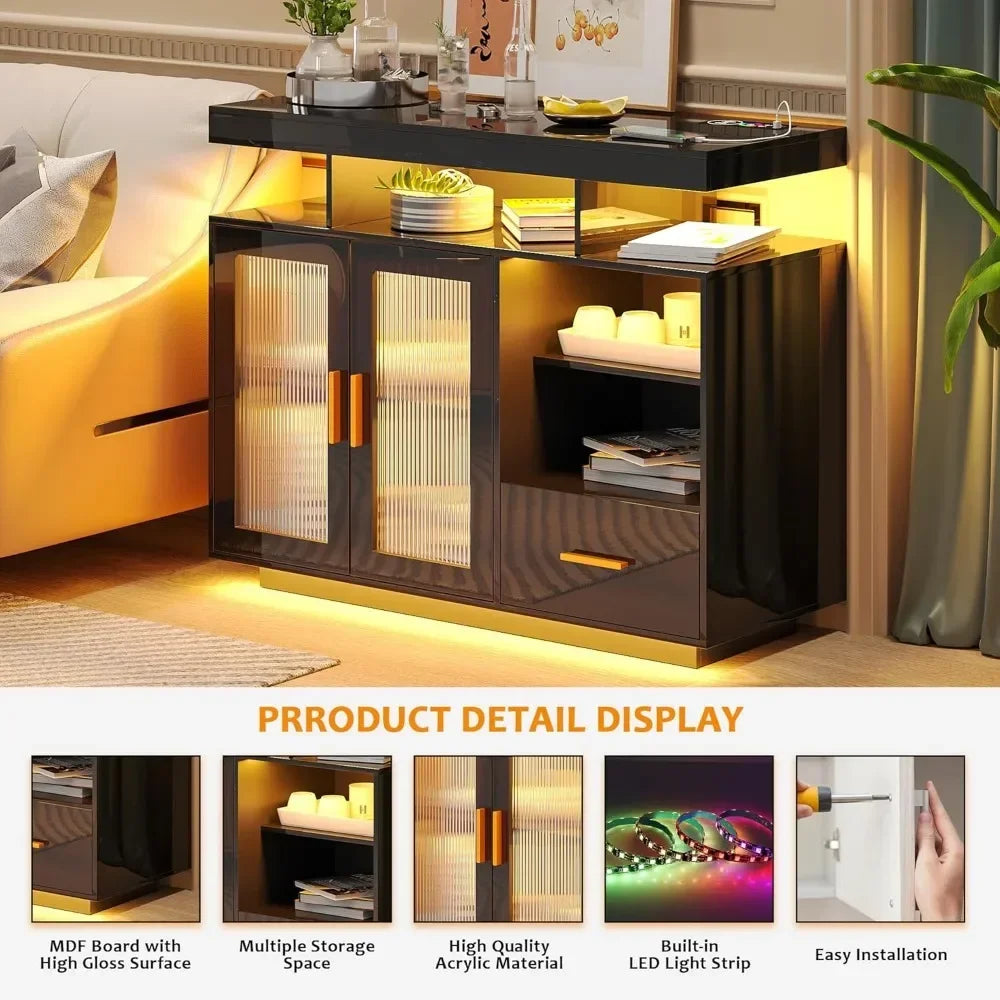 Living room cabinet,LED Sideboard Buffet Cabinet with Storage, Modern Black Coffee Bar Cabinet with Charging Station