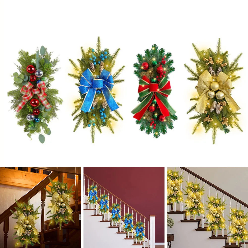 Xmas Wreaths Swag Christmas Decoration Stair Wreath Shiny Door Swag Garland Prelit Stairway Swag Trim For Christmas Party