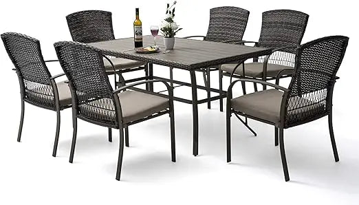 7 Piece Patio Dining Set,for Backyard Garden Deck Poolside/Iron Slats Table Top, Removable Cushions,Outdoor Wicker Furniture Set