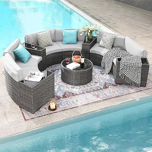 Outdoor Patio Furniture,11Piece Half-Moon Sectional Round Patio Furniture Set,Tempered Glass Round Coffee Table,Outdoor Sofa Set