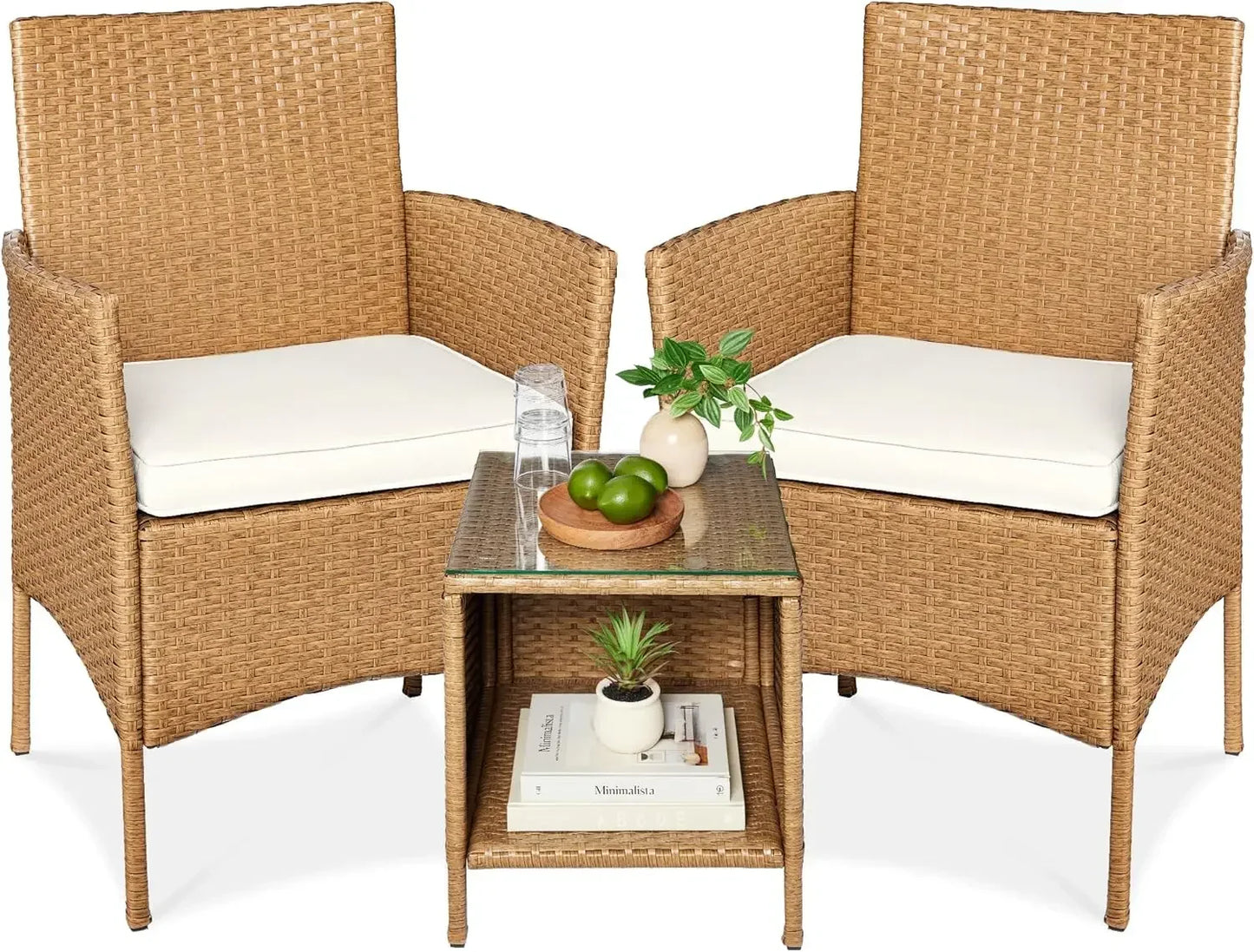 3-Piece Outdoor Wicker Conversation Bistro Set, Space Saving Patio Furniture for Yard, 2 Chairs, 2 Cushions, Side Storage Table