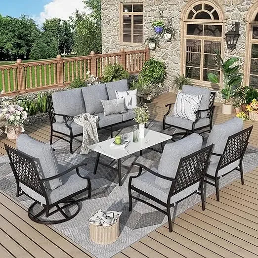 7 Pcs Patio Furniture Set , 2 X Swivel Chairs, 1 X Coffee Table and 5.75" Extra Thick Cushion, Outdoor Patio Furniture