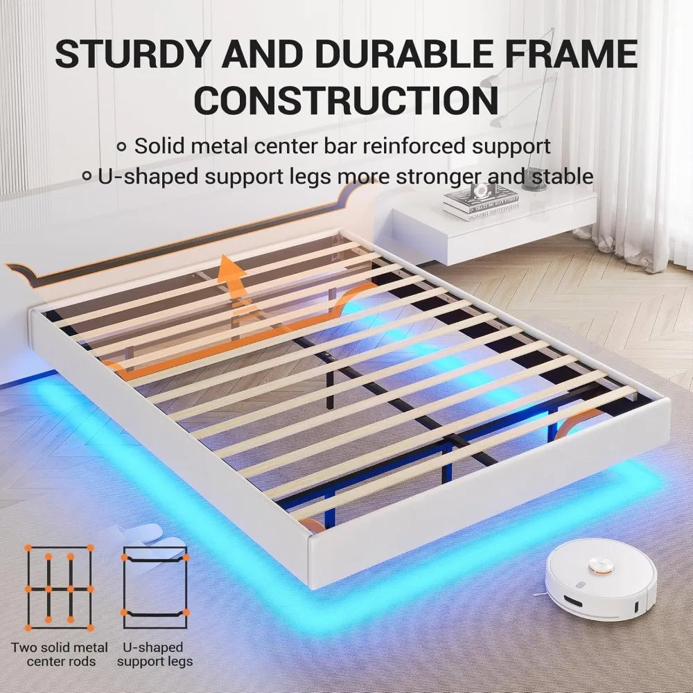 Floating Bed Frame with LED Lights Upholstered Low Profile Platform Bed Frame no Headboard Faux Leather Visual Floating Led Bed