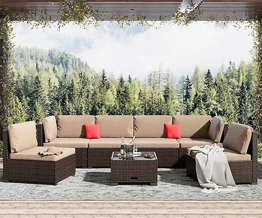 7 Piece Patio Furniture Set, All Weather PE Rattan Outdoor Sectional with Coffee Table, Outdoor Furniture Patio Sectional Sofa