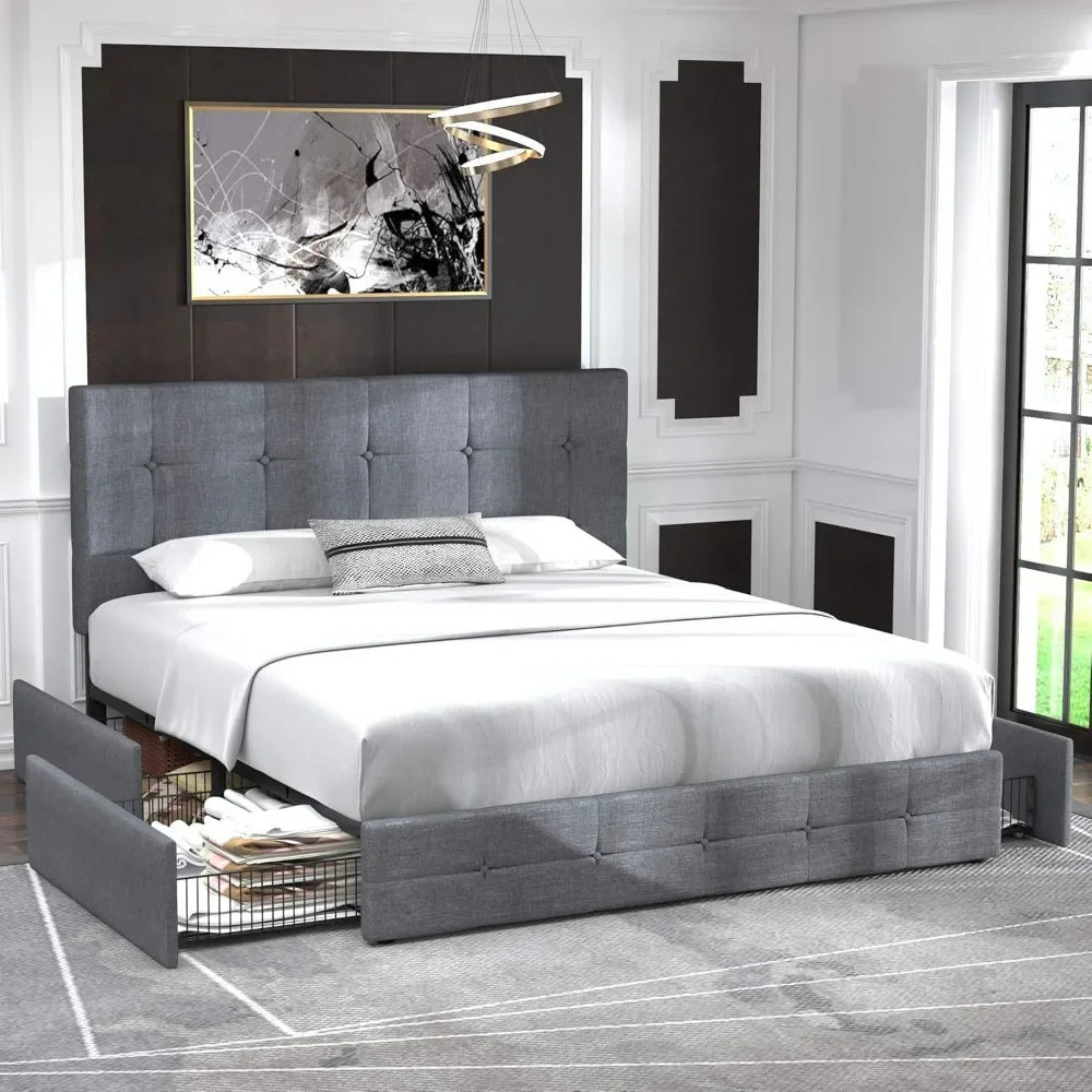 Upholstered Queen Size Platform Bed Frame with 4 Storage Drawers and Headboard,Square Stitched Button Tufted,Mattress Foundation