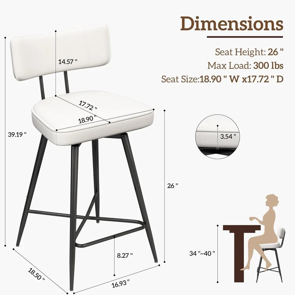 Swivel Bar Stools Set of 2, 26" Modern Counter Height Barstools, Leather Kitchen Stools with Back Footrest Metal Legs Bar Chairs