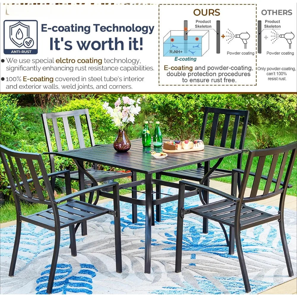 5 Piece Outdoor Dining Table Set ,37” Square Metal Dining Table with Umbrella Hole& Stackable Steel Chairs,Garden Furniture Sets