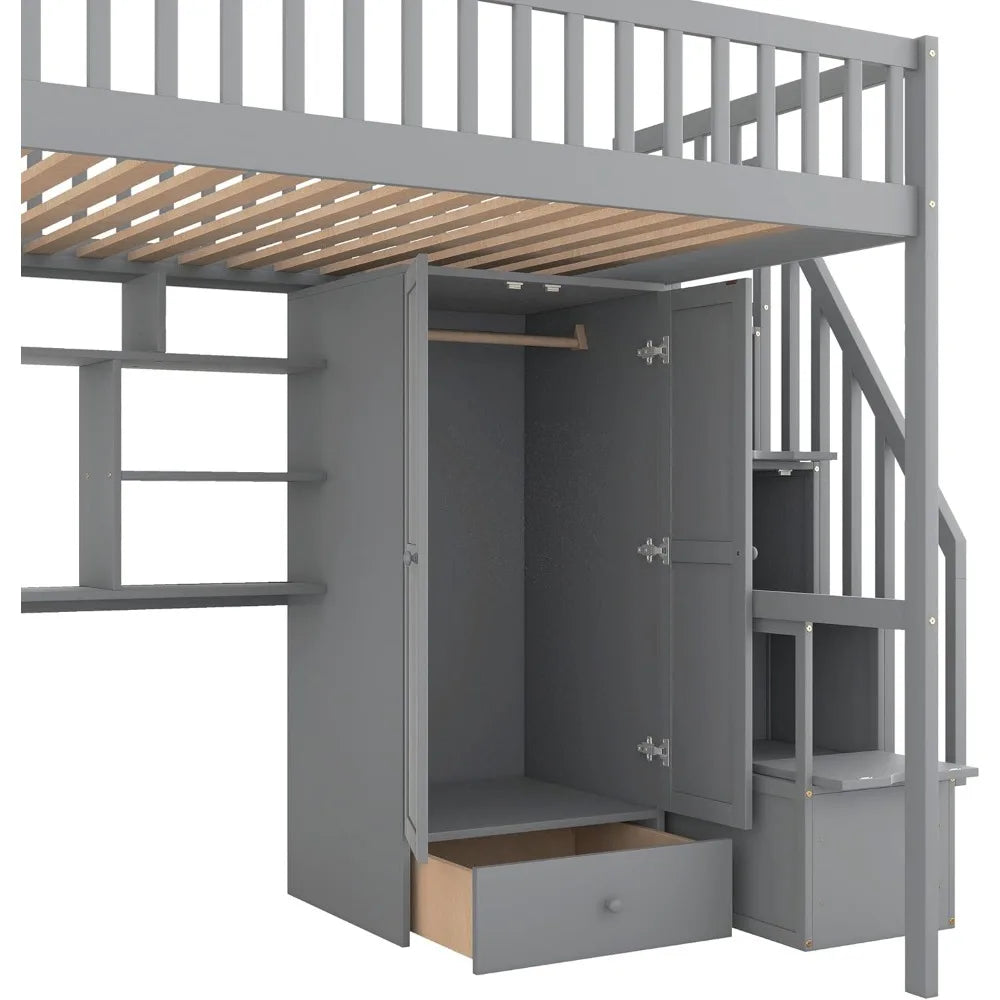 Bunk Bed,Full Loft Beds Stairway Loft Bed Frame with Wardrobe, Desk, Bookcase and Drawers, Solid Wood Bunk Beds