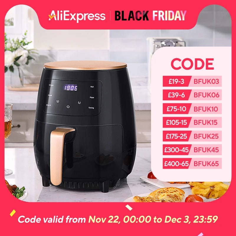 4L Black Electric Air Fryer With Non-Stick Basket LCD Digital Screen High-speed Hot Air Circulation