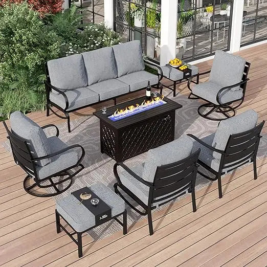 8 PCS Patio Furniture Set, Fire Pit Table,1 X 3-Seat Bench Sofa, 2 X Swivel Sofa Chairs, Modern Patio Set, Garden Furniture Sets