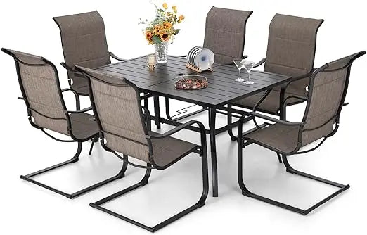 Patio Dining Table and Chairs, Textilene Fabric and Metal Frame, Metal Dining Table with Umbrella Hole,Outdoor Garden Dining Set