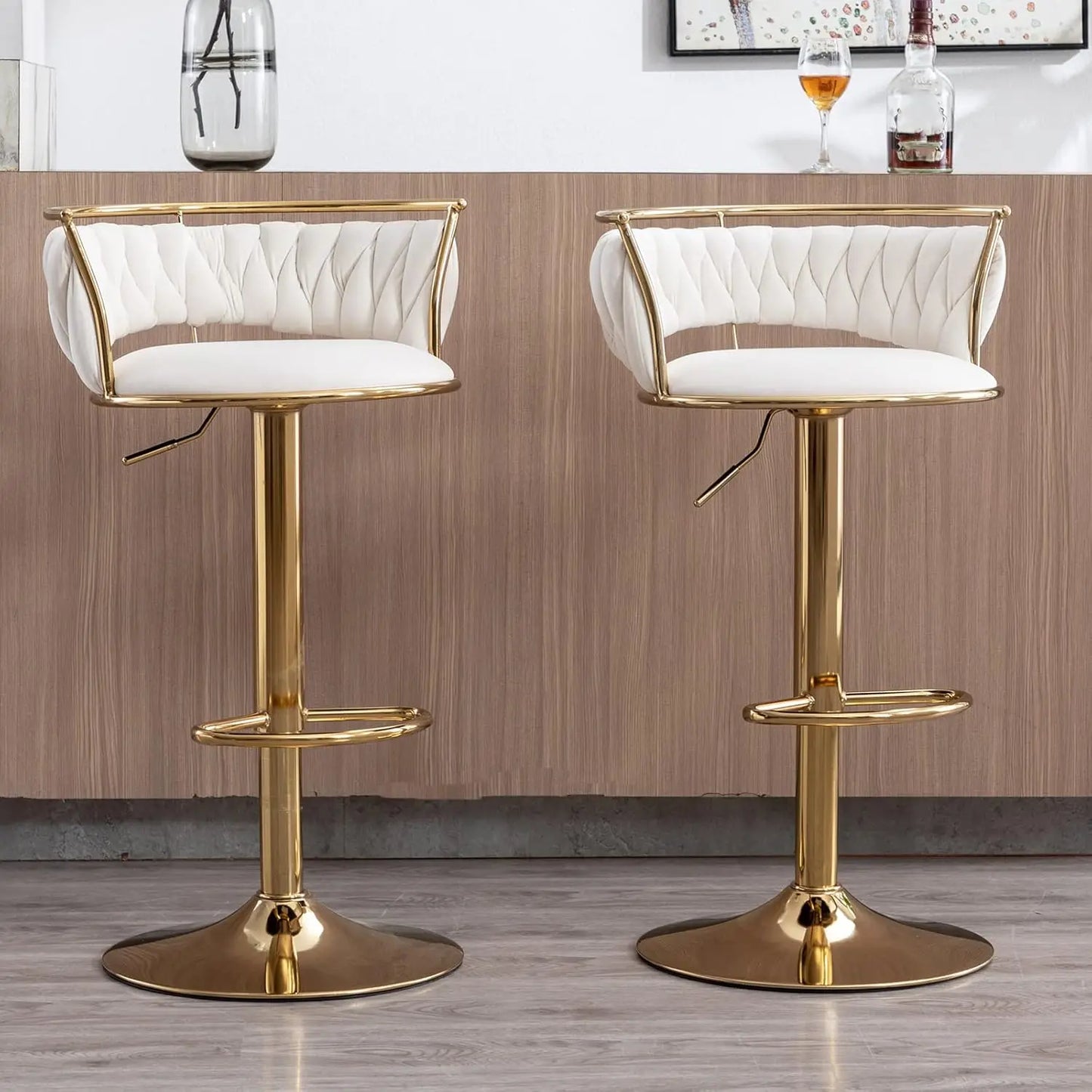 Swivel Bar Stools Set of 2, Velvet Adjustable Height Barstools Low Back Kitchen Island Counter with Golden Base Modern Bar Chair